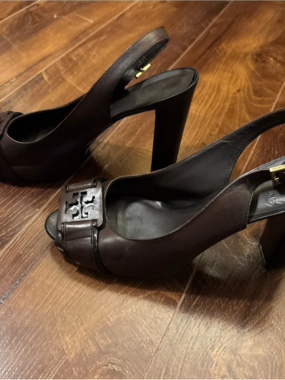 Tory Burch Brown Leather Peep-Toe Slingback Heels
